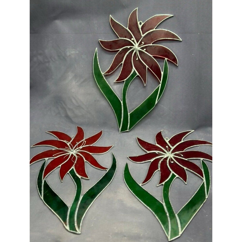 Poinsettia 3 Christmas Leaded Stained Glass Hanging Suncatchers Window #